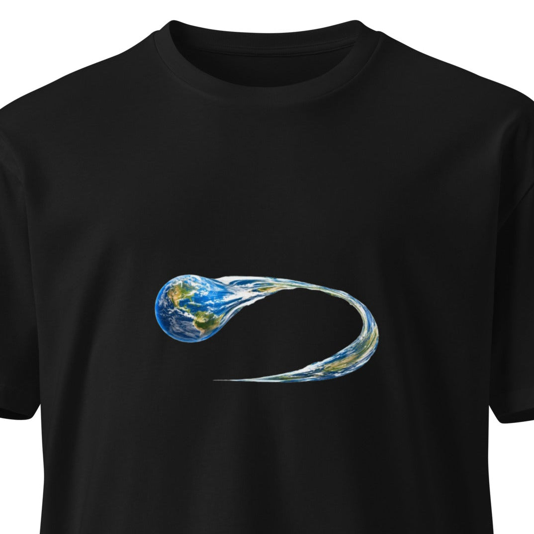Black Morphing Earth unisex premium T-shirt by wayward.biz, front view showing Earth graphic design.