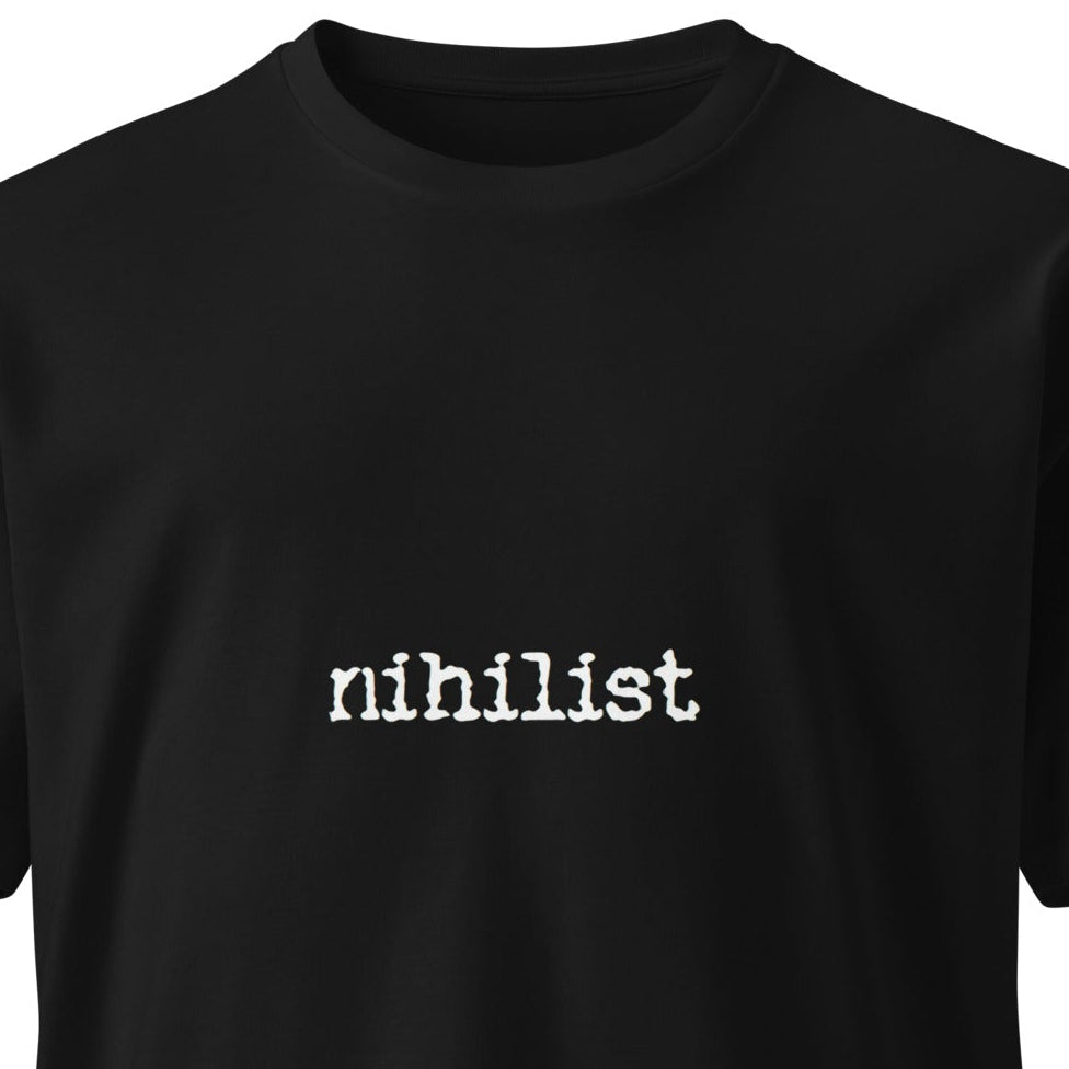 Unisex black premium T-shirt from Wayward.biz with a minimalist design, front view showcasing its sleek, dark style.