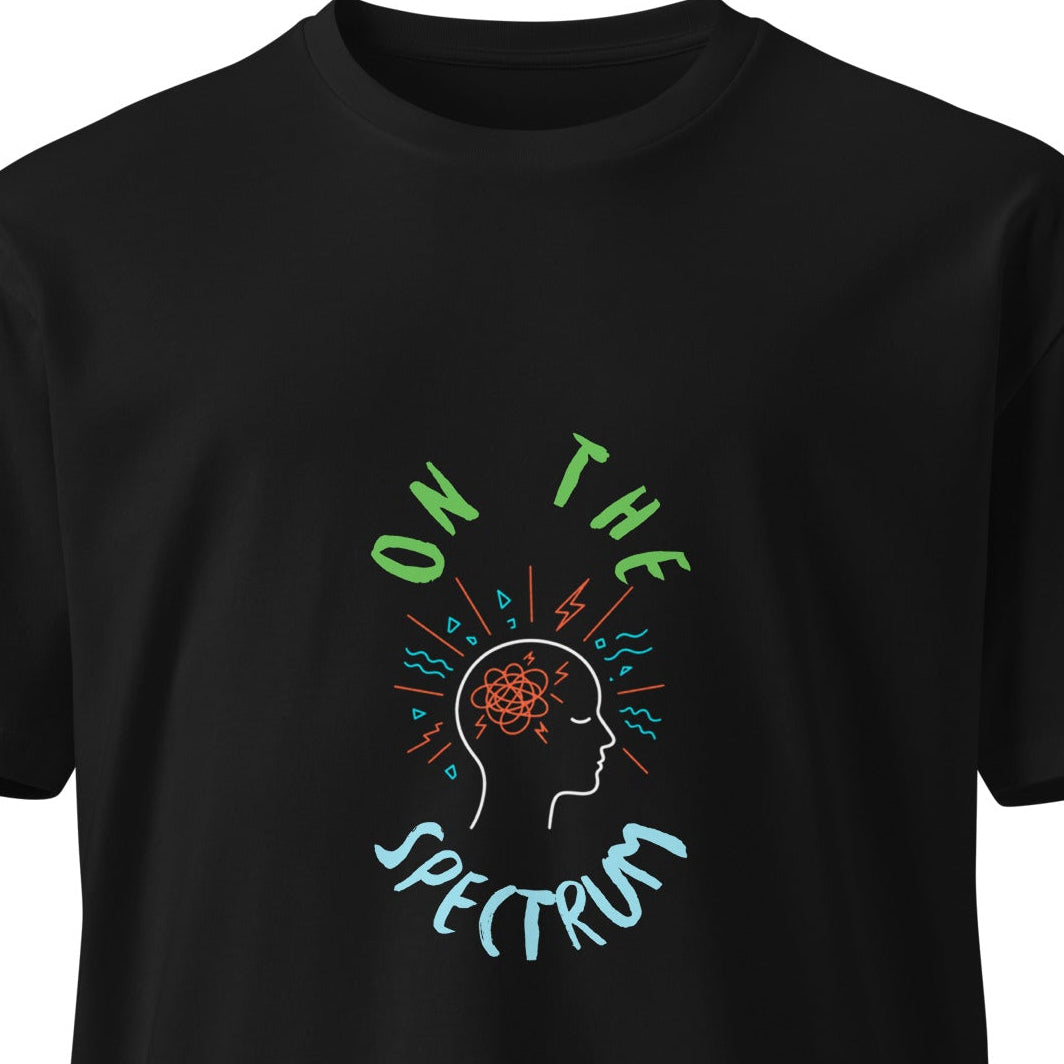 Unisex black premium T-shirt from On the Spectrum by wayward.biz, front view showing classic fit and smooth fabric.