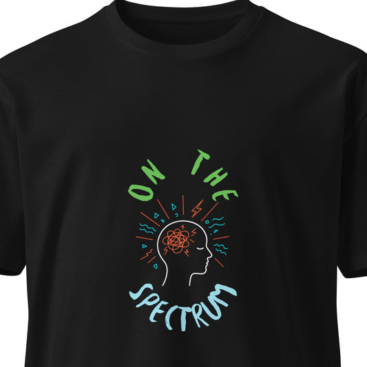 Unisex black premium T-shirt from On the Spectrum by wayward.biz, front view showing classic fit and smooth fabric.