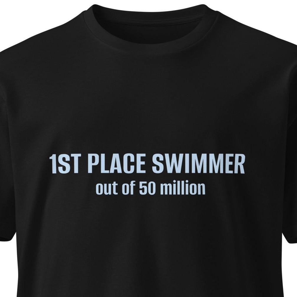 Unisex black premium T-shirt featuring 1st place swimmer graphic, from wayward.biz, front view of the stylish athletic tee.