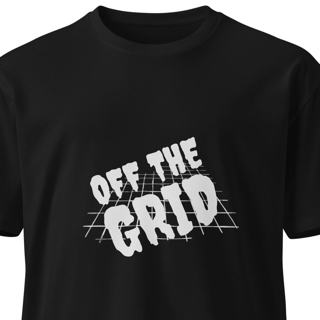 Black Off the Grid unisex premium T-shirt from wayward.biz, front view showcasing comfortable fit and high-quality fabric.