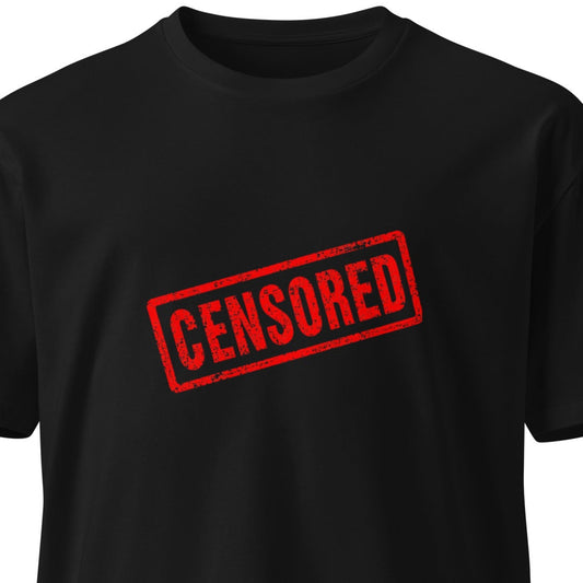 Black censored unisex premium T-shirt from wayward.biz with a front graphic, comfortable fit, and stylish design.