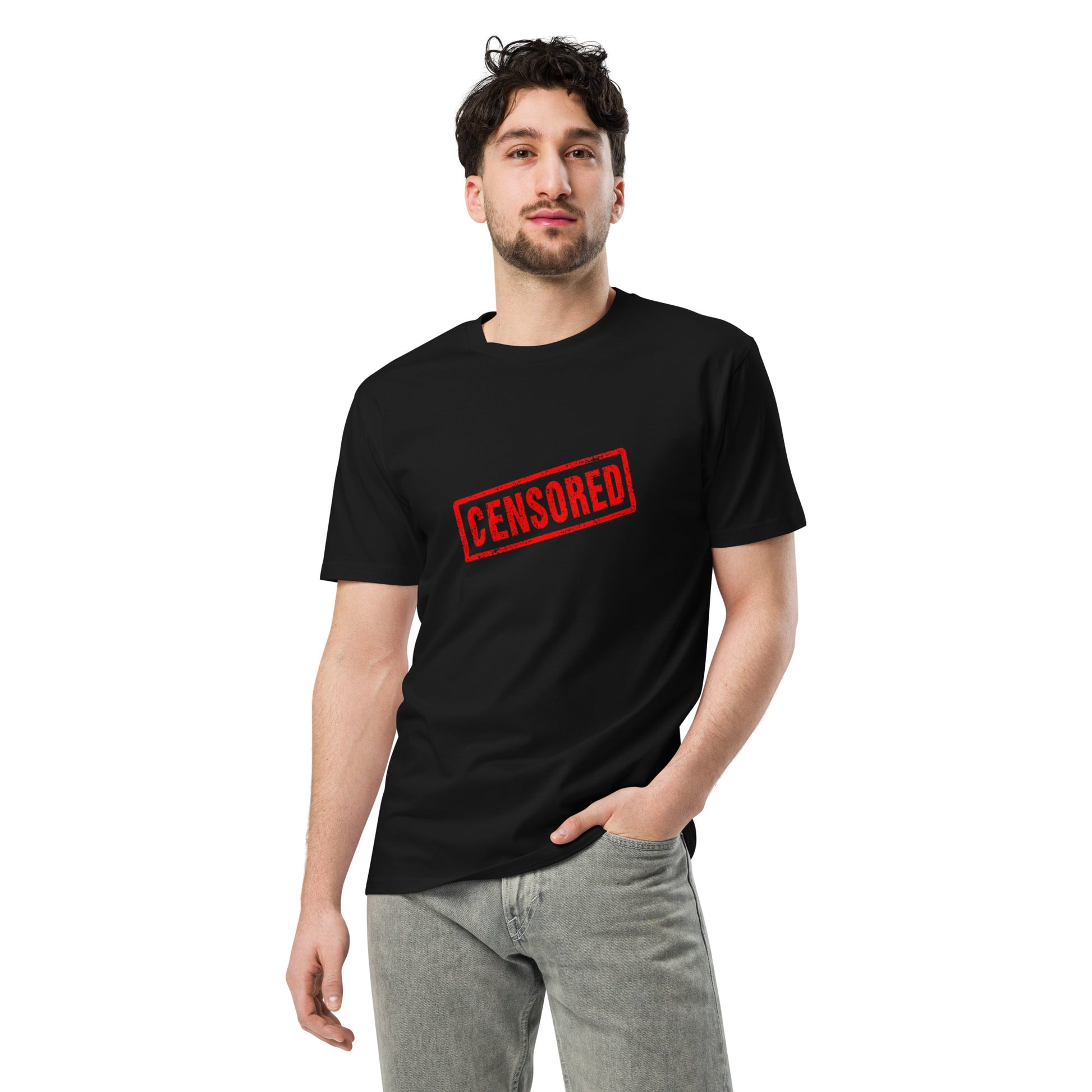 Black unisex premium T-shirt with censored design, showcasing a comfortable fit and stylish look from wayward.biz.