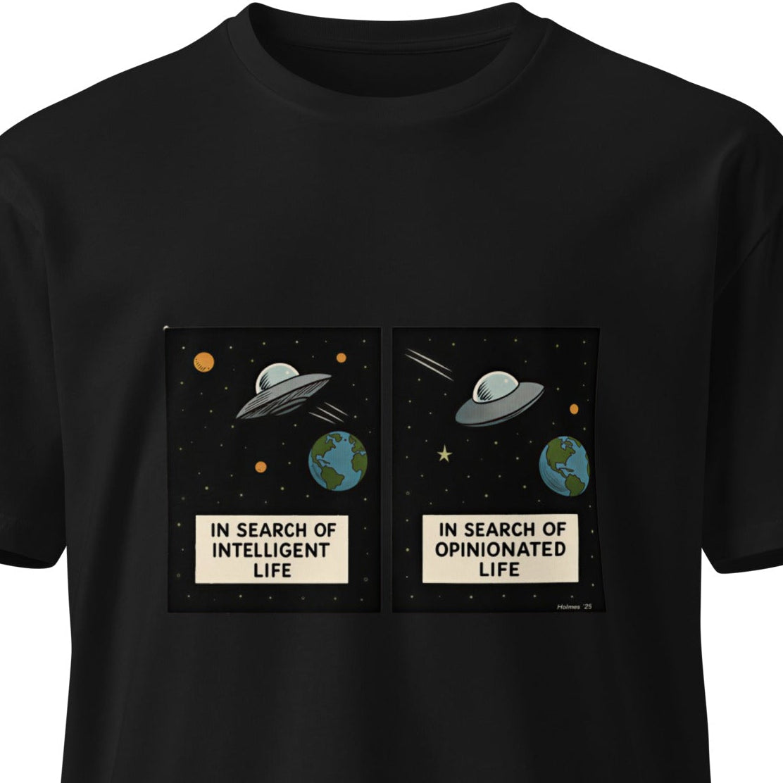 Black unisex premium T-shirt from wayward.biz featuring the "In Search of Intelligent / Opinionated Life" design on the front.