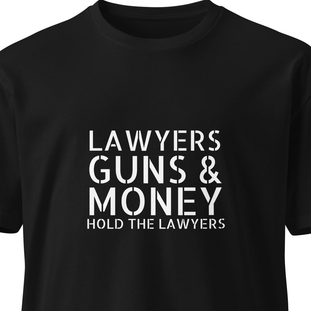 Black unisex premium T-shirt featuring "Lawyers Guns & Money" graphic design from Wayward.biz, front view.