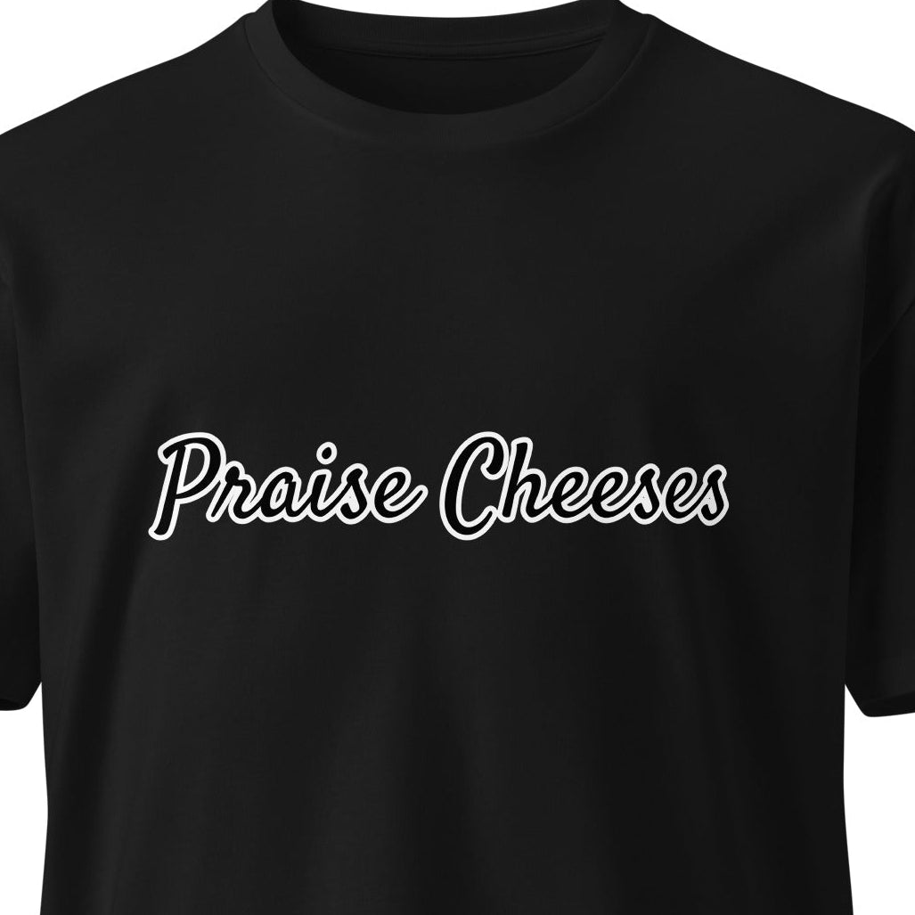 Unisex black premium T-shirt featuring Praise Cheeses logo on the front, made by wayward.biz, casual and stylish apparel.