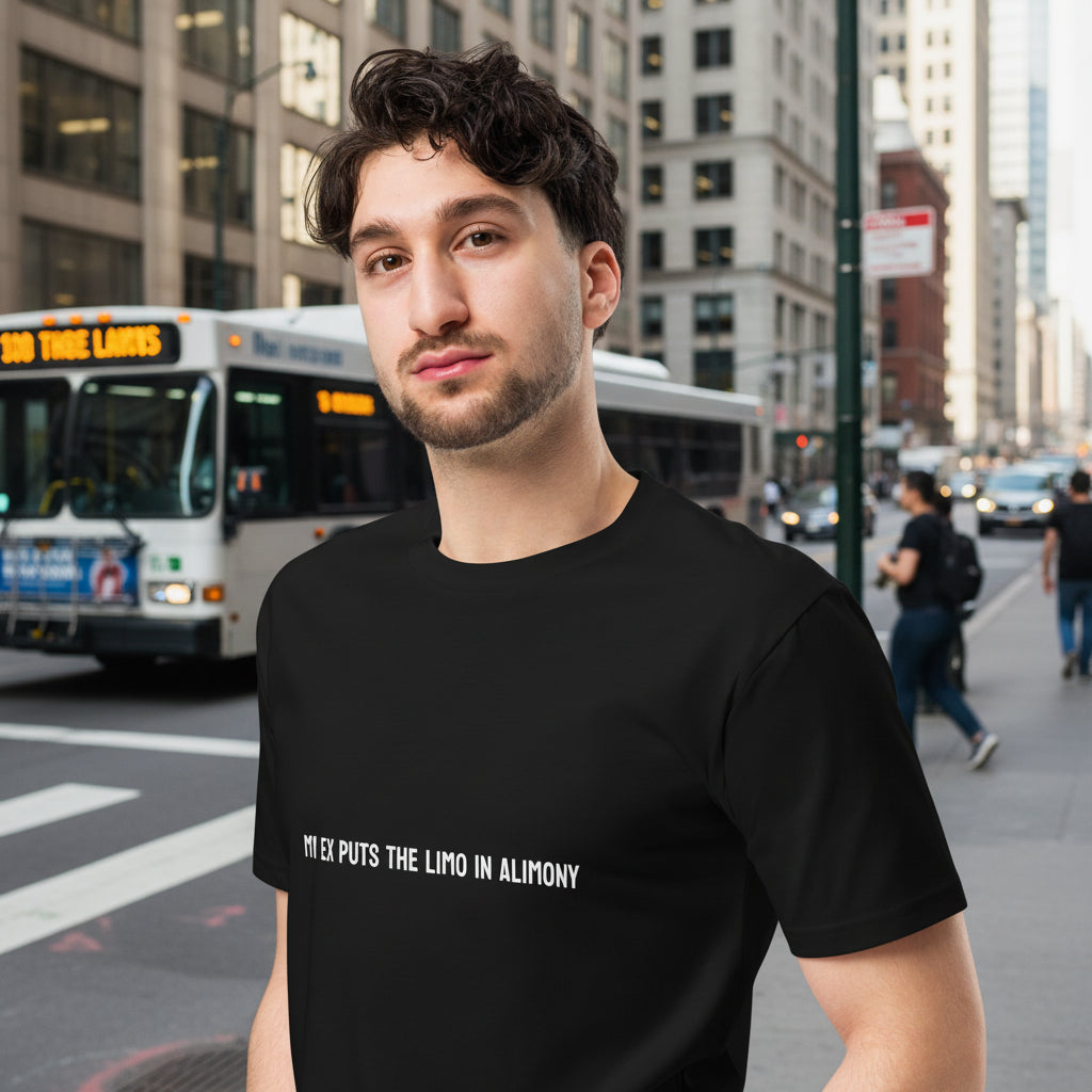 Unisex black premium T-shirt with "My ex puts the limo in alimony" slogan front design, casual wear by wayward.biz.