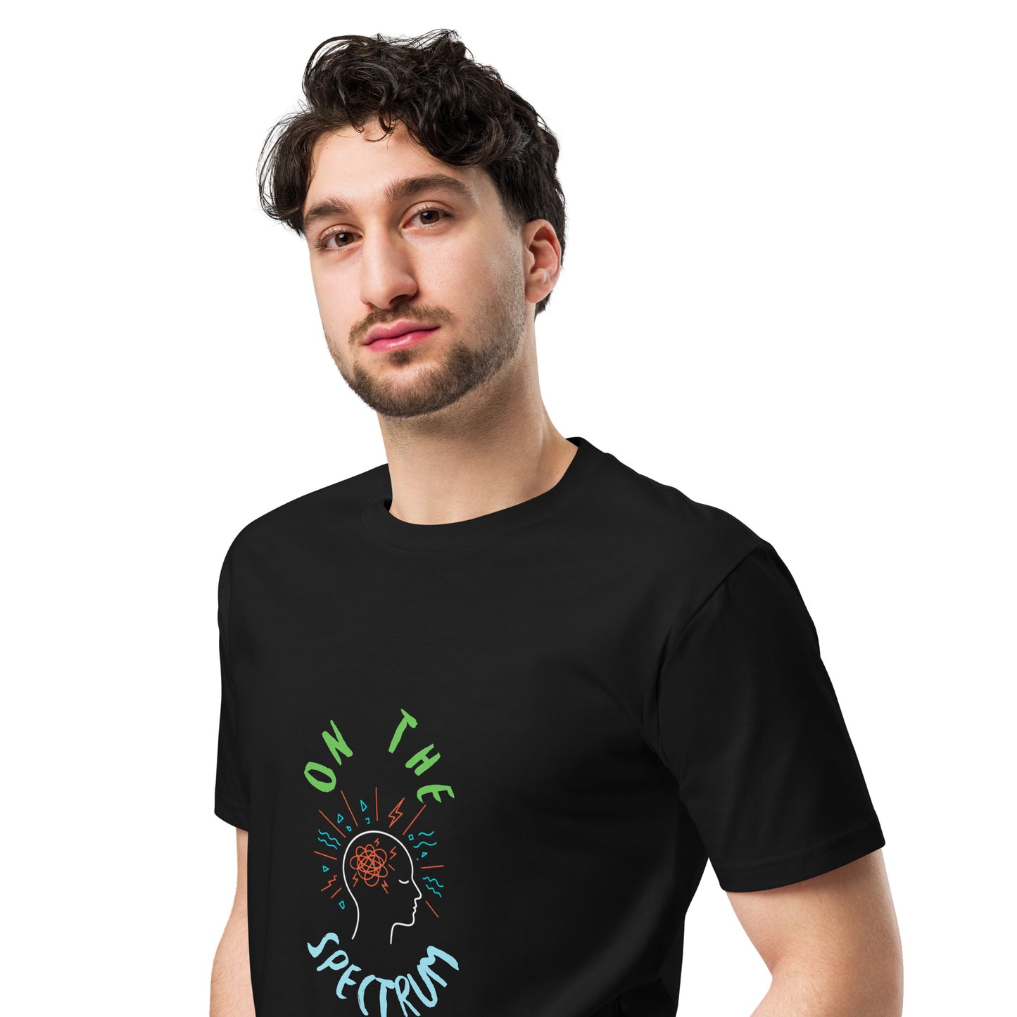 Unisex black premium T-shirt from Wayward.biz, shown from the left front angle, featuring a sleek, dark design.
