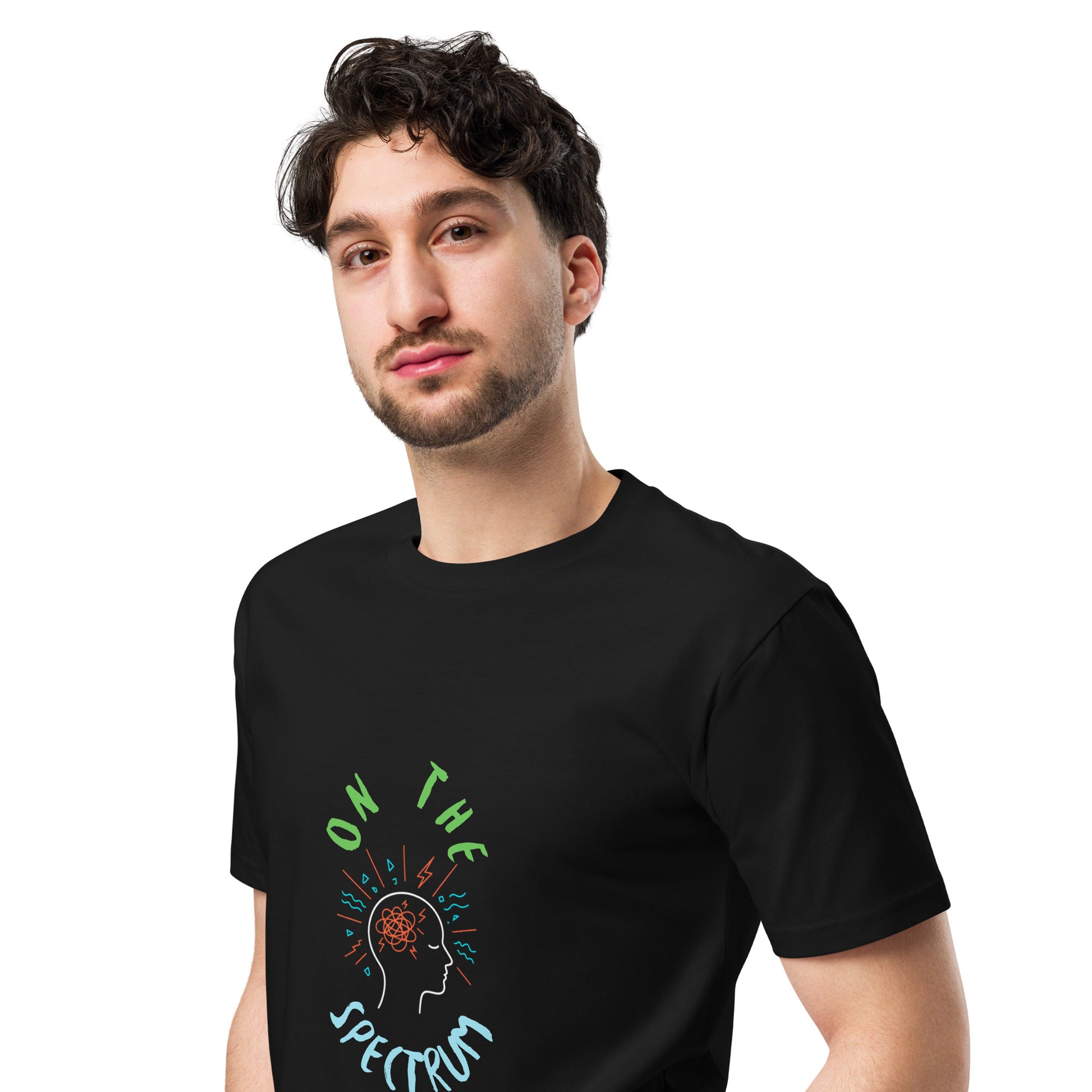 Unisex black premium T-shirt from Wayward.biz, shown from the left front angle, featuring a sleek, dark design.