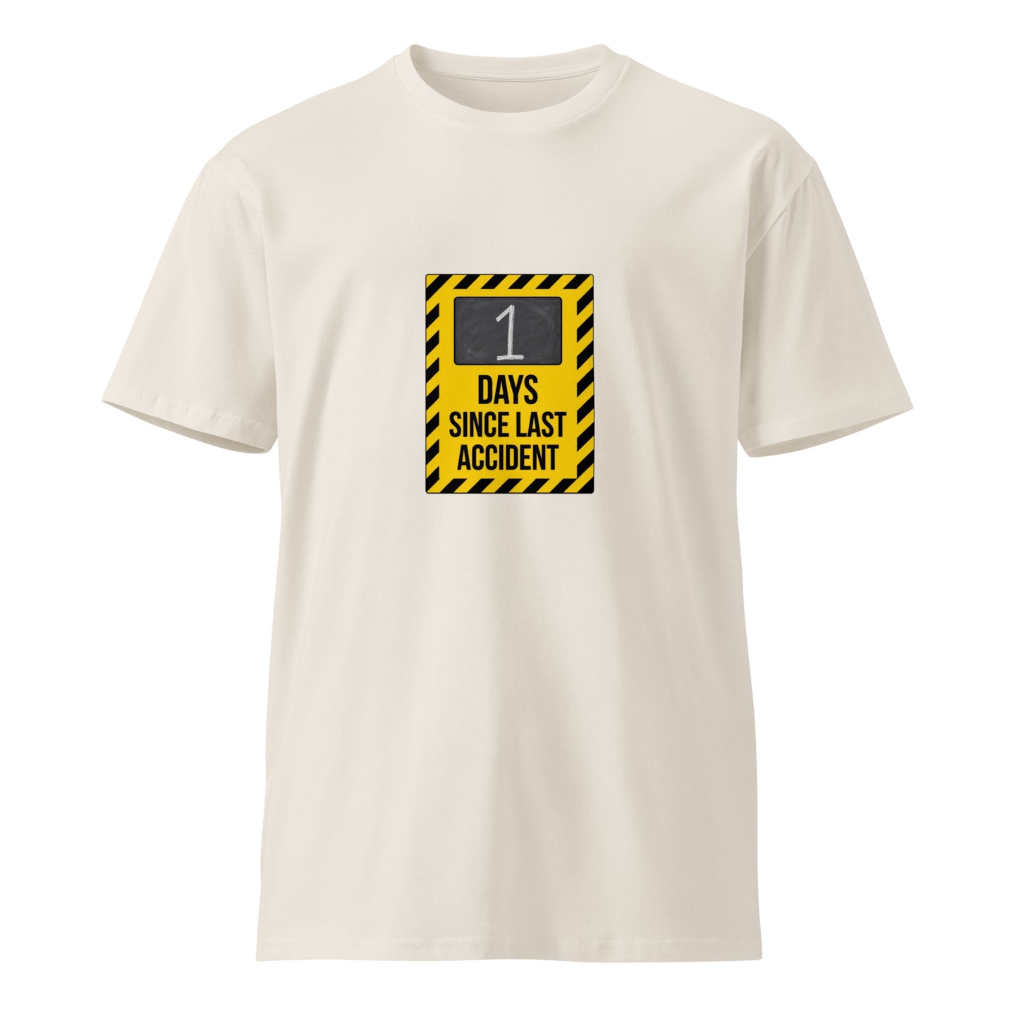 Unisex premium T-shirt from wayward.biz with "1 Day Since Last Accident" text and bone graphic on front.