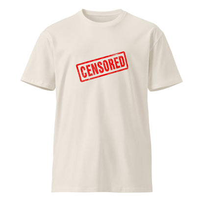 Unisex premium T-shirt by wayward.biz in bone color, featuring a censored graphic on the front, made from soft, durable fabric.