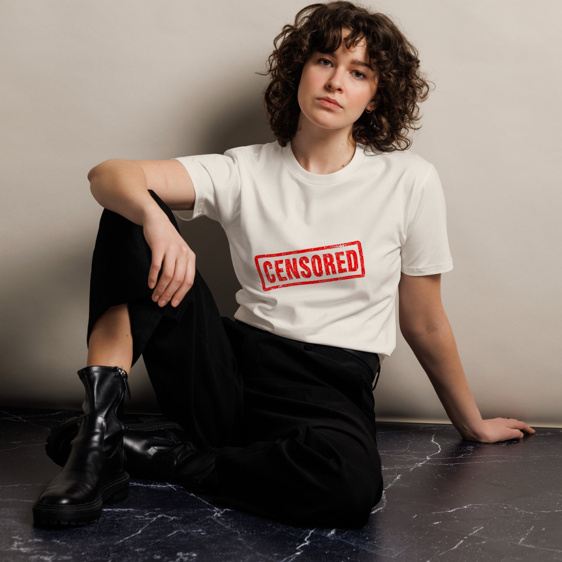 Censored unisex premium T-shirt in bone color from wayward.biz, front view showing casual, comfortable fit and soft fabric.