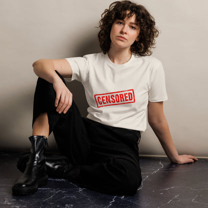 Censored unisex premium T-shirt in bone color from wayward.biz, front view showing casual, comfortable fit and soft fabric.