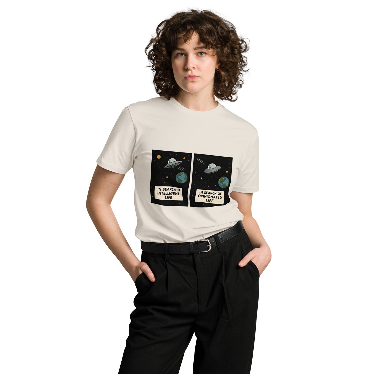 Unisex premium T-shirt from wayward.biz featuring a bone color front design with the text "In Search of Intelligent / Opinionated Life."
