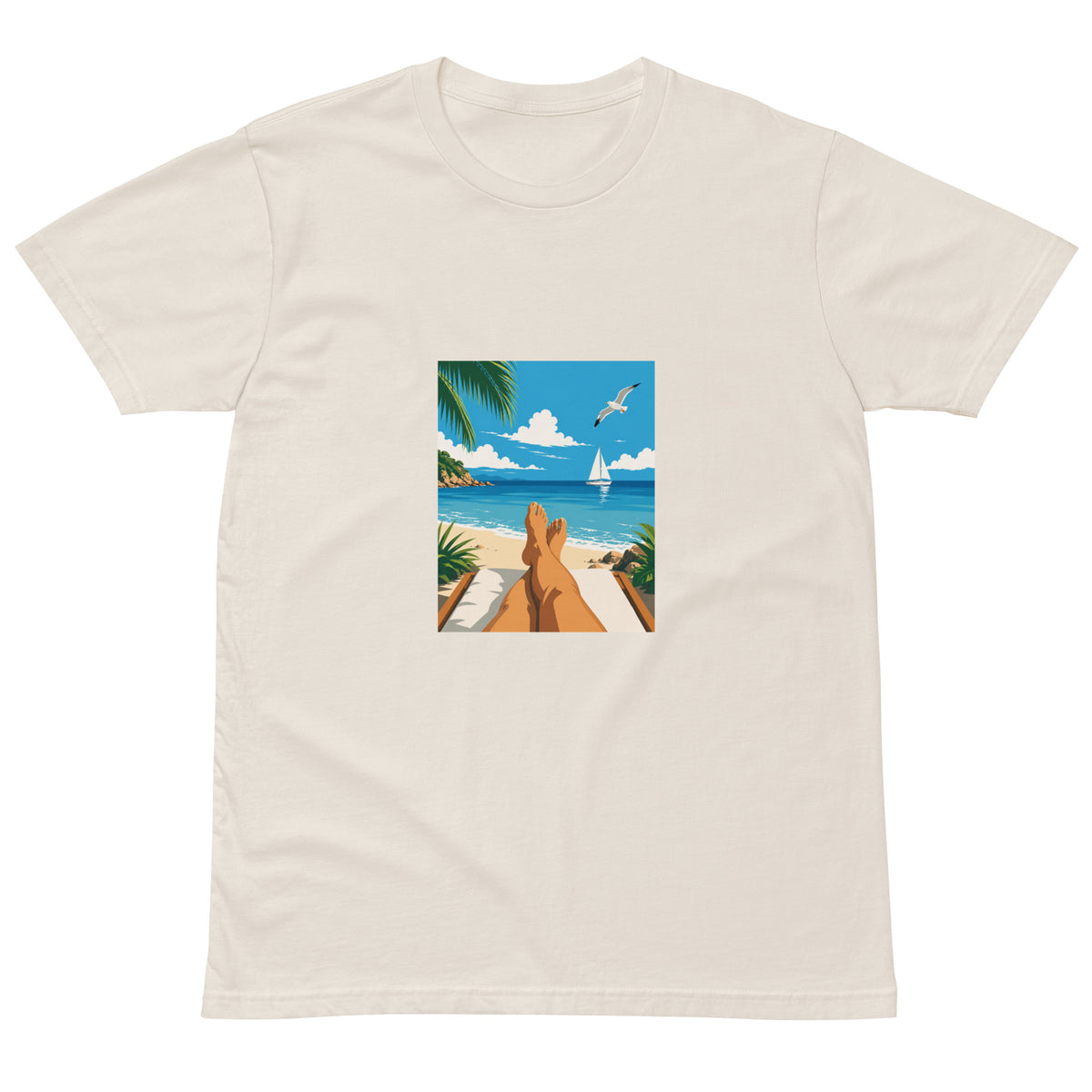 Unisex Sitting Seaside premium T-shirt by wayward.biz with a bone-colored front design, casual and comfortable for everyday wear.