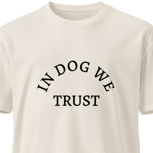 Unisex In Dog We Trust premium t-shirt from wayward.biz, featuring a bone graphic on the front in a casual, comfortable fit.