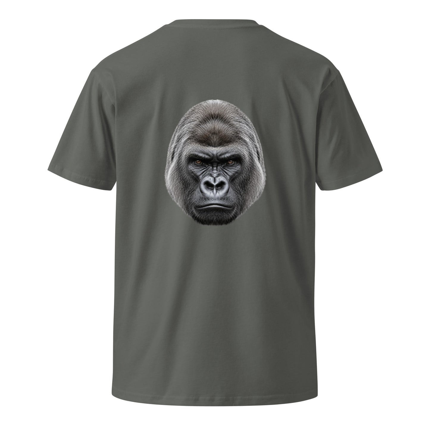 Unisex Silverback premium T-shirt in charcoal with graphic design on the back, made by Wayward.biz.