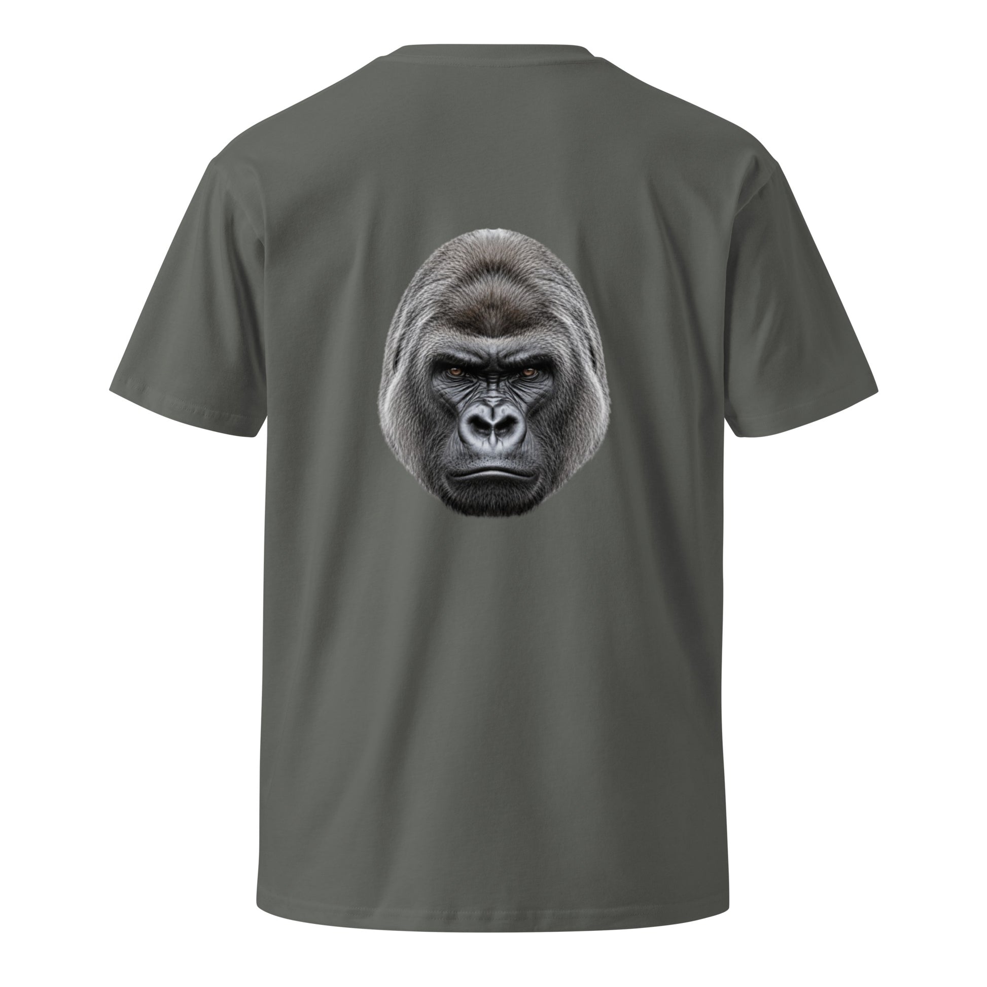 Unisex Silverback premium T-shirt in charcoal with graphic design on the back, made by Wayward.biz.