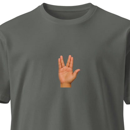 Charcoal unisex premium T-shirt with "Live Long and Prosper" design by wayward.biz, front view.