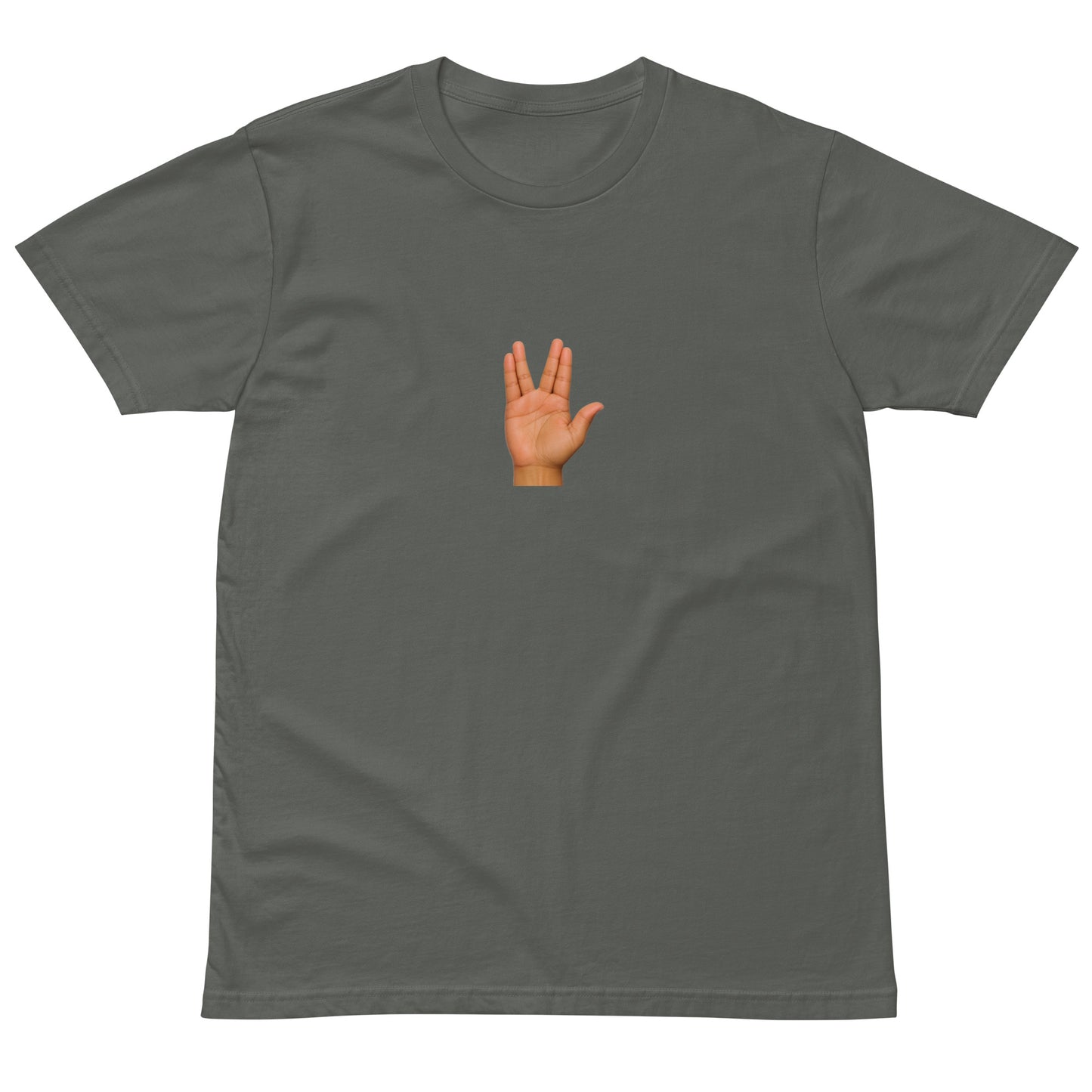 Charcoal unisex premium T-shirt featuring the "Live Long and Prosper" graphic from wayward.biz, front view.