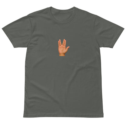 Charcoal unisex premium T-shirt featuring the "Live Long and Prosper" graphic from wayward.biz, front view.