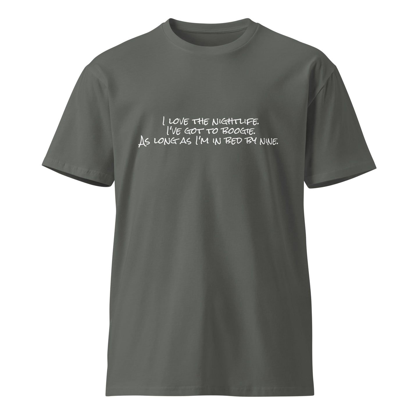 Unisex charcoal I Love the Nightlife premium T-shirt from wayward.biz, front view showing the graphic design.