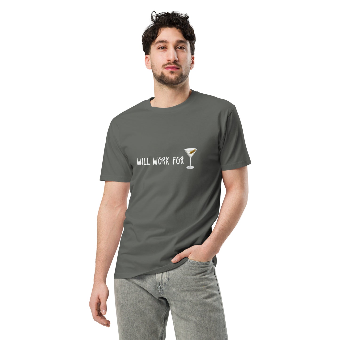 Unisex dark charcoal premium T-shirt with martini print from wayward.biz, front view showing stylish casual design.