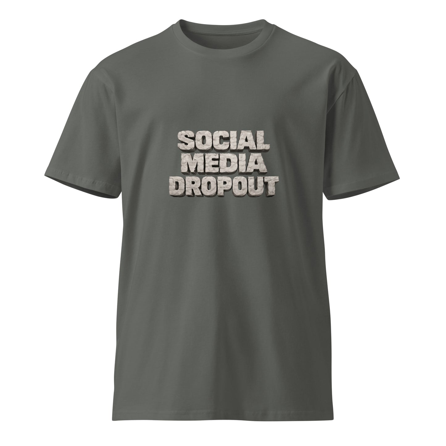 Unisex charcoal premium T-shirt from wayward.biz with social media dropout graphic on the front.
