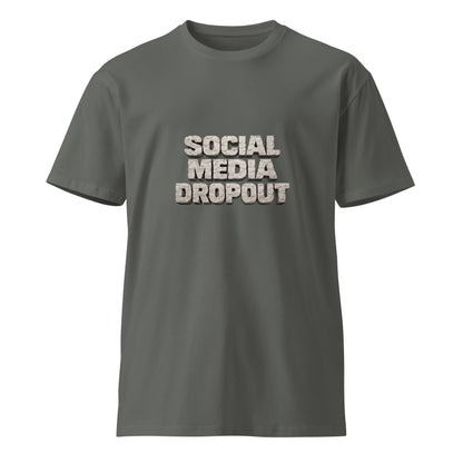 Unisex charcoal premium T-shirt from wayward.biz with social media dropout graphic on the front.