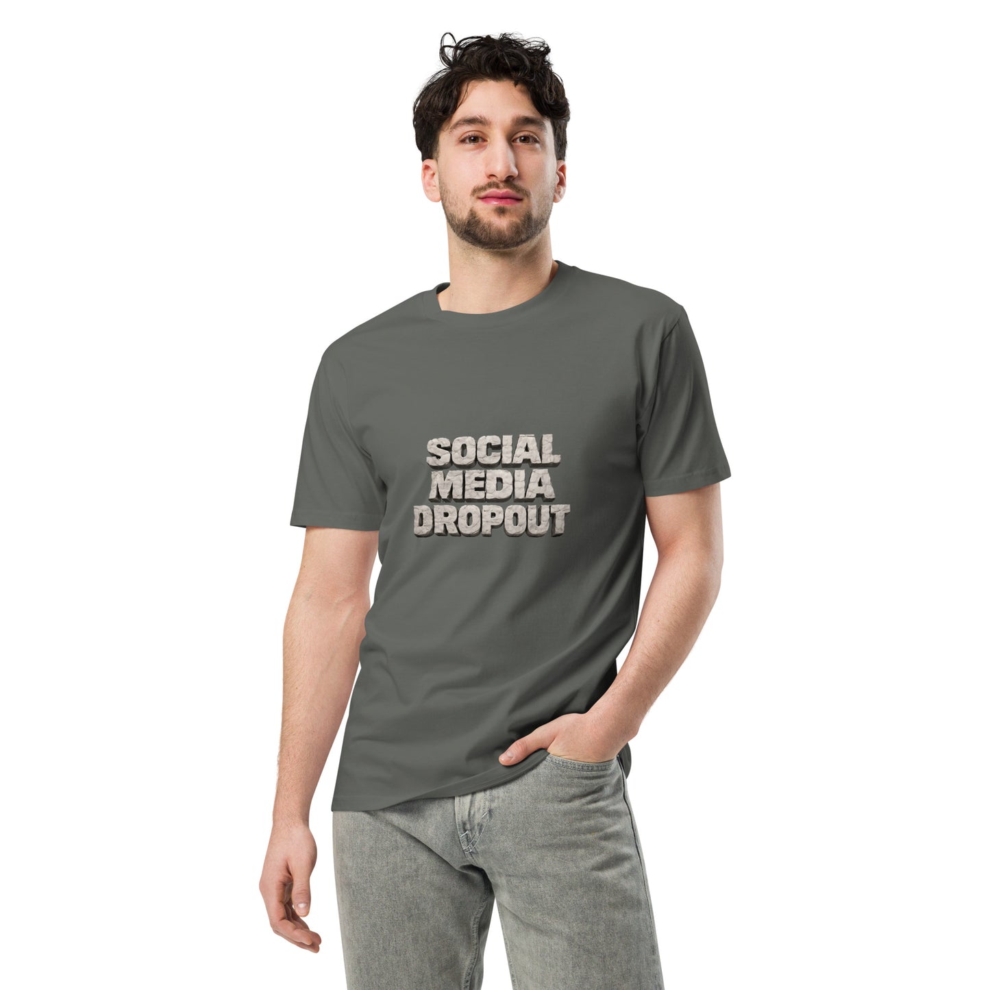 Unisex charcoal premium T-shirt from wayward.biz featuring a stylish social media dropout design on the front.
