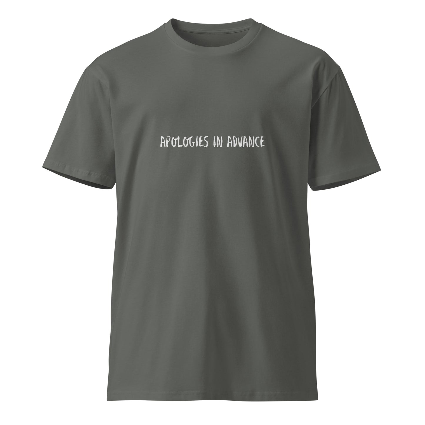 Unisex charcoal premium T-shirt featuring wayward.biz branding, front view showing soft fabric and classic fit.