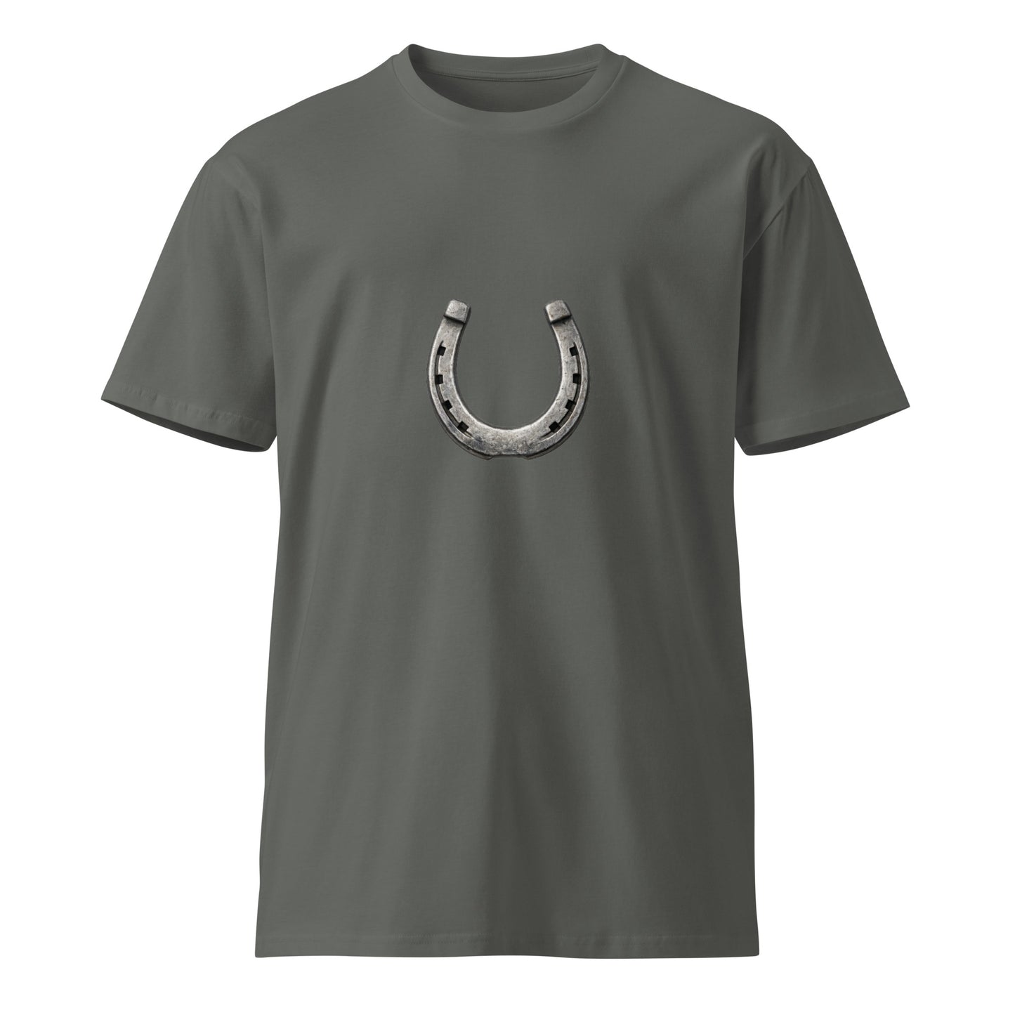 Unisex charcoal premium T-shirt featuring a horseshoe graphic, casual fit, and soft fabric from wayward.biz.