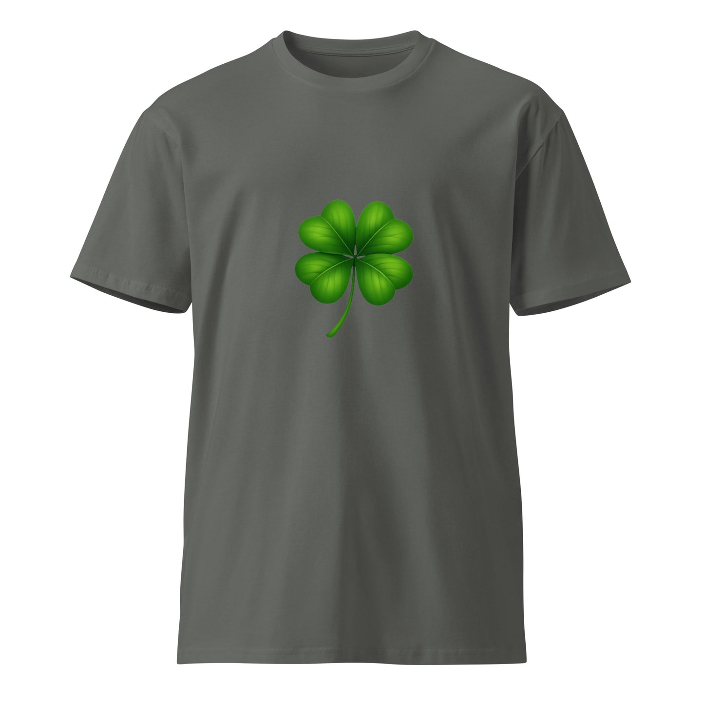 Charcoal unisex premium T-shirt featuring a 4-leaf clover design, made by Wayward.biz, front view of the T-shirt.