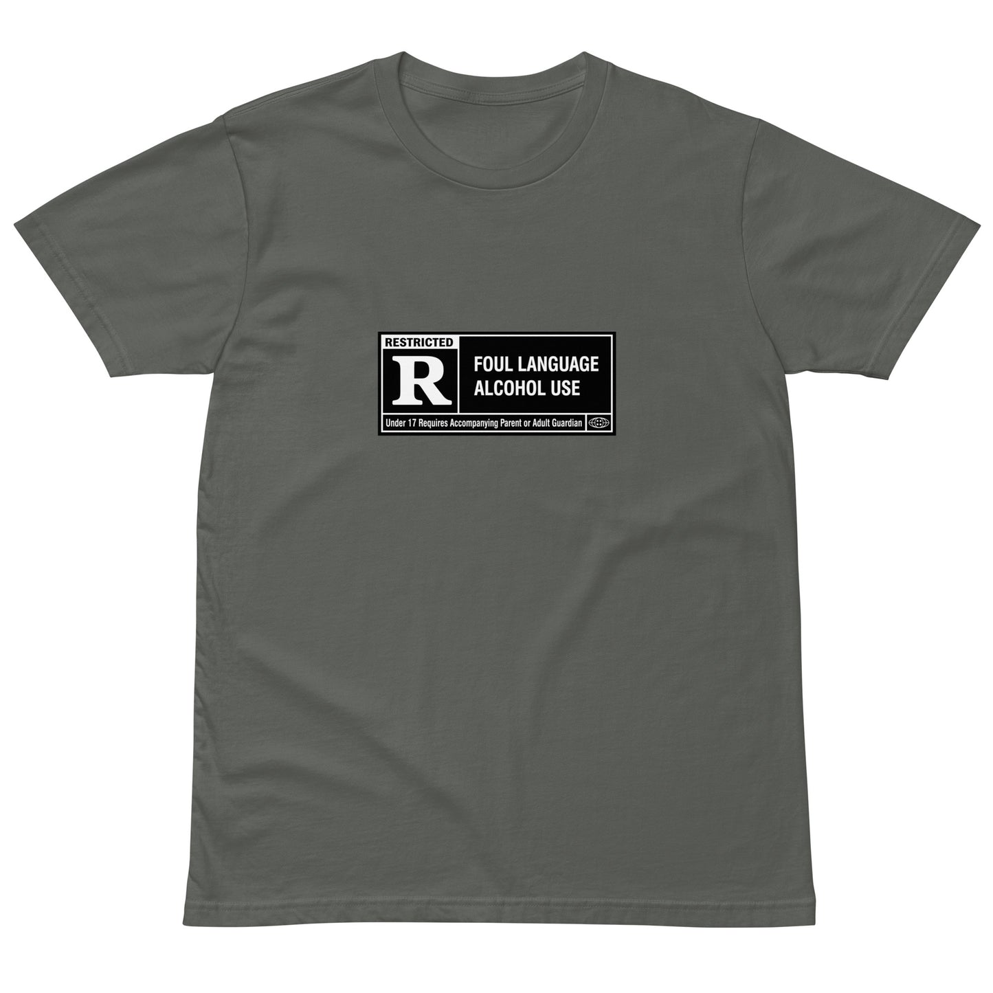 Unisex charcoal premium T-shirt with Rated R Foul Language and Alcohol Use graphic, from wayward.biz.