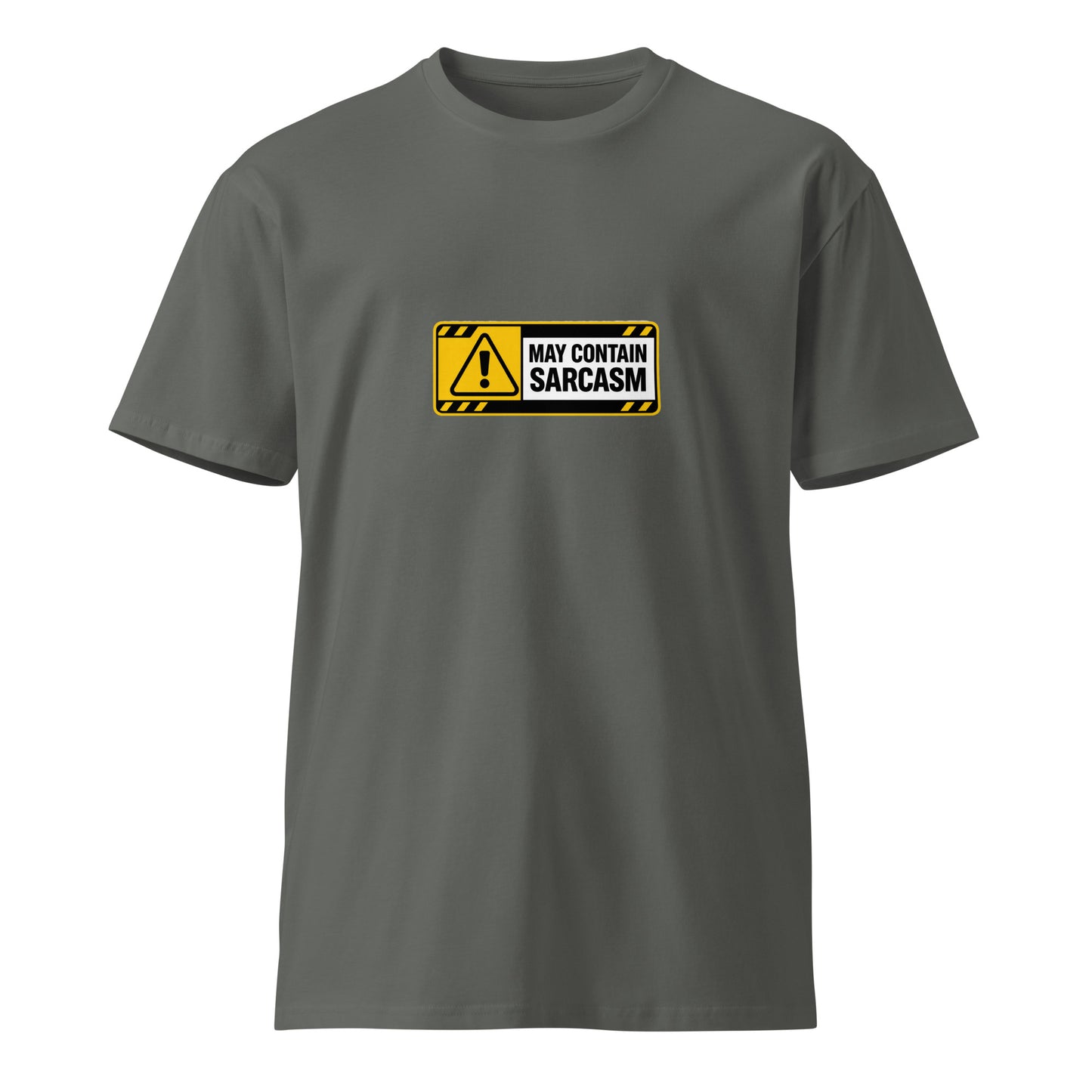 Charcoal unisex premium T-shirt with "May Contain Sarcasm" slogan, made by wayward.biz, front view.