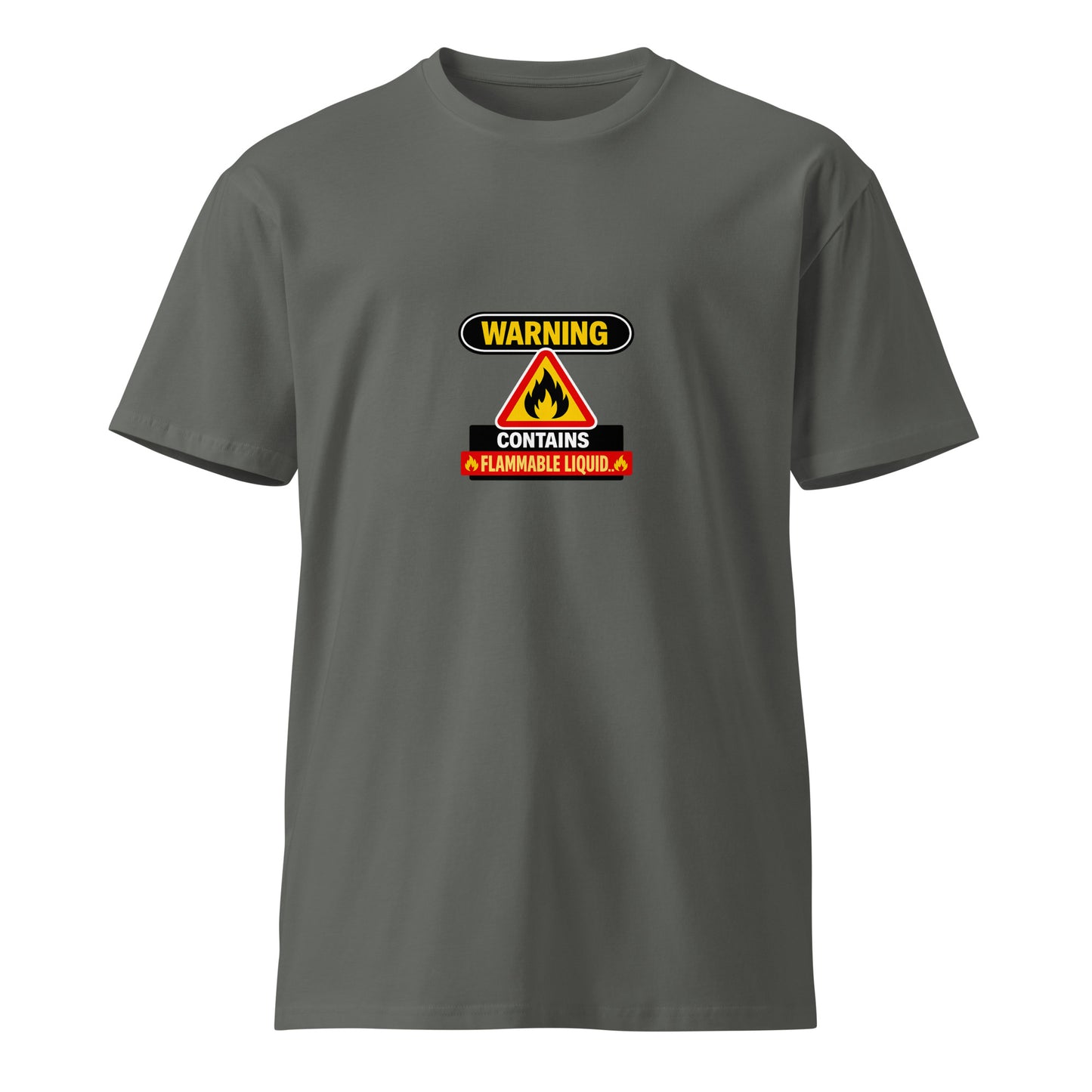 Unisex charcoal premium t-shirt with warning "Contains Flammable Liquid" printed on the front, from Wayward.biz.