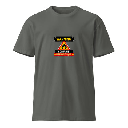 Unisex charcoal premium t-shirt with warning "Contains Flammable Liquid" printed on the front, from Wayward.biz.