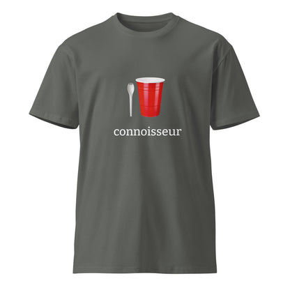 Unisex dark premium T-shirt by Wayward.biz featuring a charcoal color and a classic fit, front view showcasing soft fabric and stitching.
