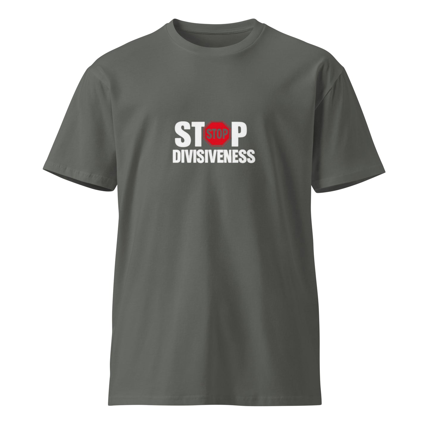 Unisex charcoal premium T-shirt by wayward.biz featuring a simple, modern design on the front.