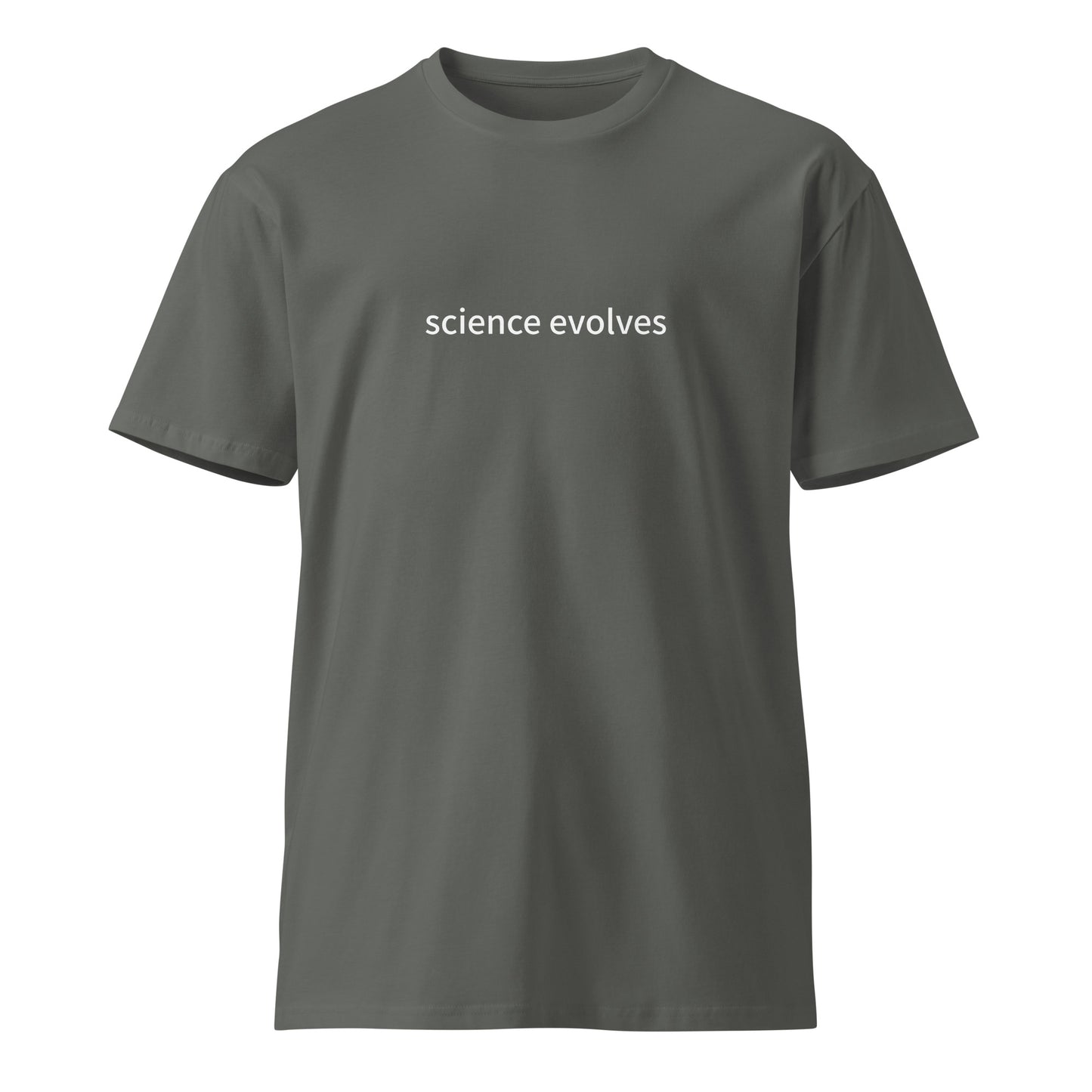 Unisex charcoal premium t-shirt with "Science Evolves" graphic, casual fit, and comfortable fabric from wayward.biz.