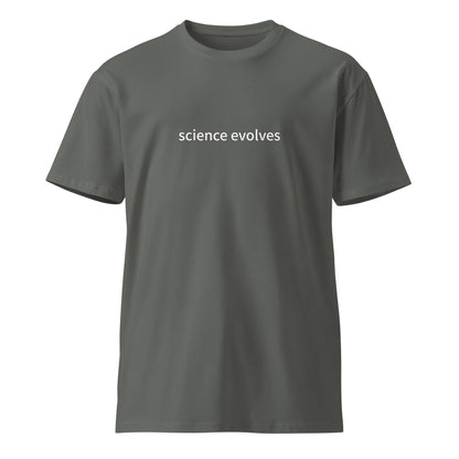 Unisex charcoal premium t-shirt with "Science Evolves" graphic, casual fit, and comfortable fabric from wayward.biz.