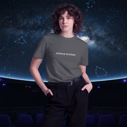 Unisex charcoal premium t-shirt featuring science-themed design, made by wayward.biz, front view showing fit and fabric texture.