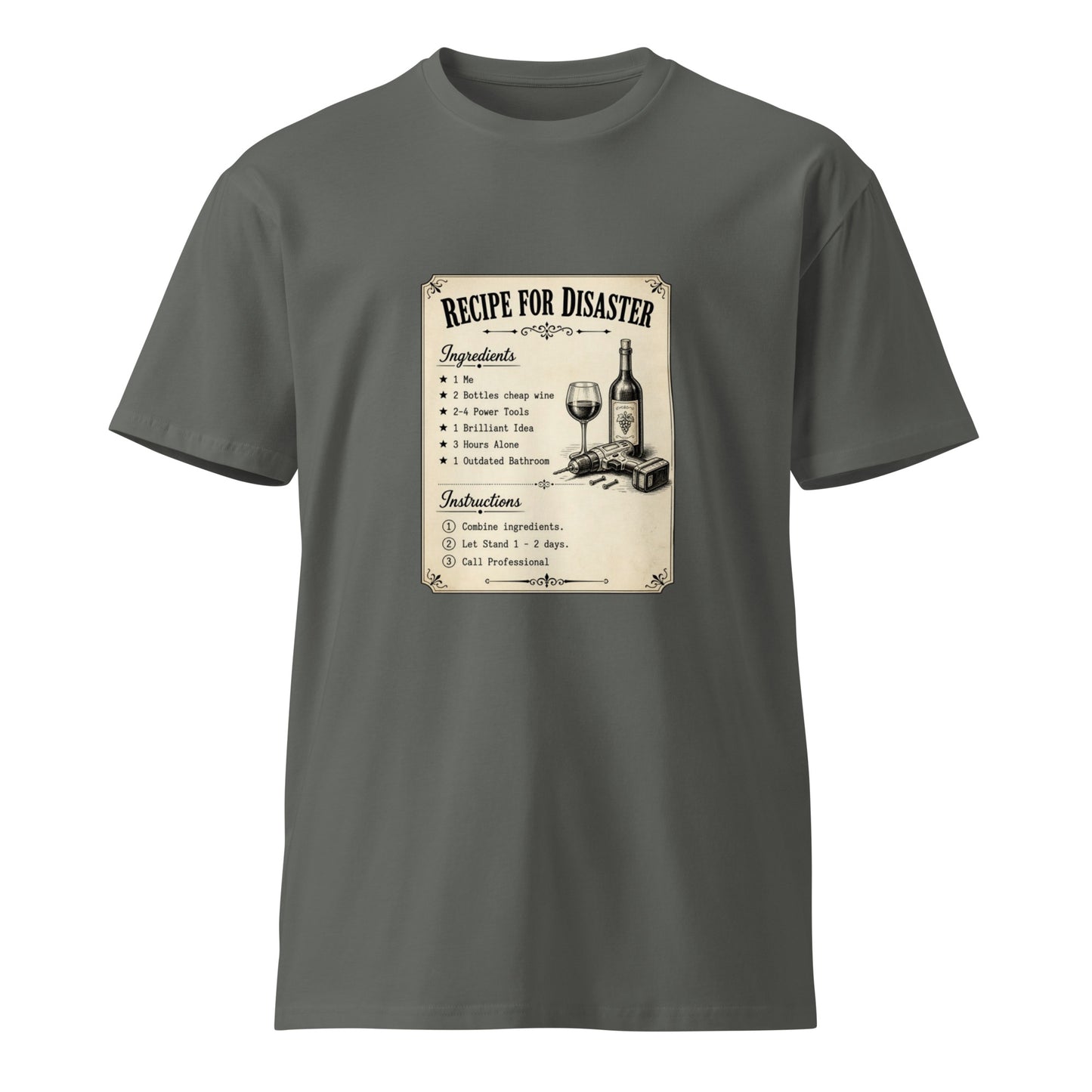 Charcoal unisex premium T-shirt by wayward.biz featuring a front design for Recipe for Disaster themed apparel.