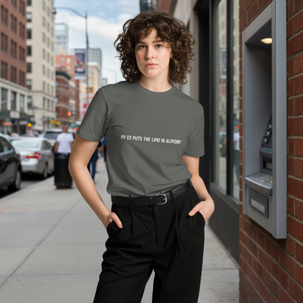 Unisex charcoal premium t-shirt with "My ex puts the limo in alimony" slogan, stylish and comfortable casual wear by wayward.biz.
