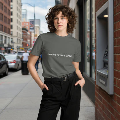 Unisex charcoal premium t-shirt with "My ex puts the limo in alimony" slogan, stylish and comfortable casual wear by wayward.biz.