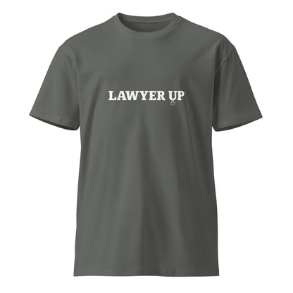 Unisex dark premium Lawyer Up T-shirt by wayward.biz, front view showing charcoal fabric and classic fit.