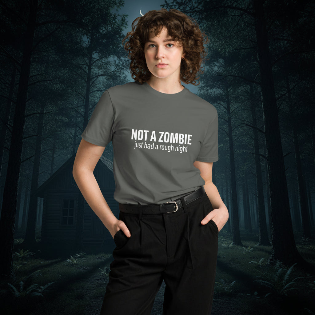 Unisex charcoal premium T-shirt with "Not a Zombie just had a rough night" graphic, casual unisex fit by Wayward.biz.
