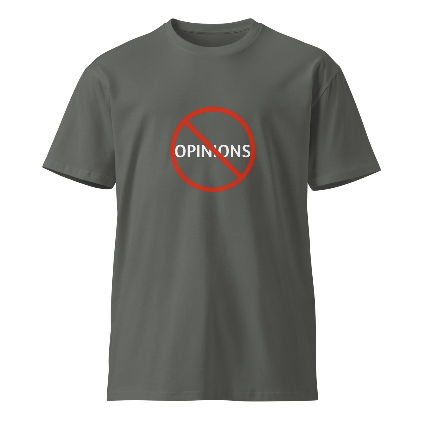 Unisex dark premium T-shirt by No Opinions, front view showing charcoal color and classic fit.