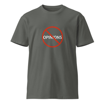 Unisex dark premium T-shirt by No Opinions, front view showing charcoal color and classic fit.
